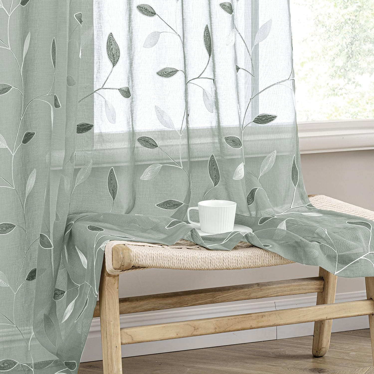 Beige Embroidered Sheer Curtain Panels