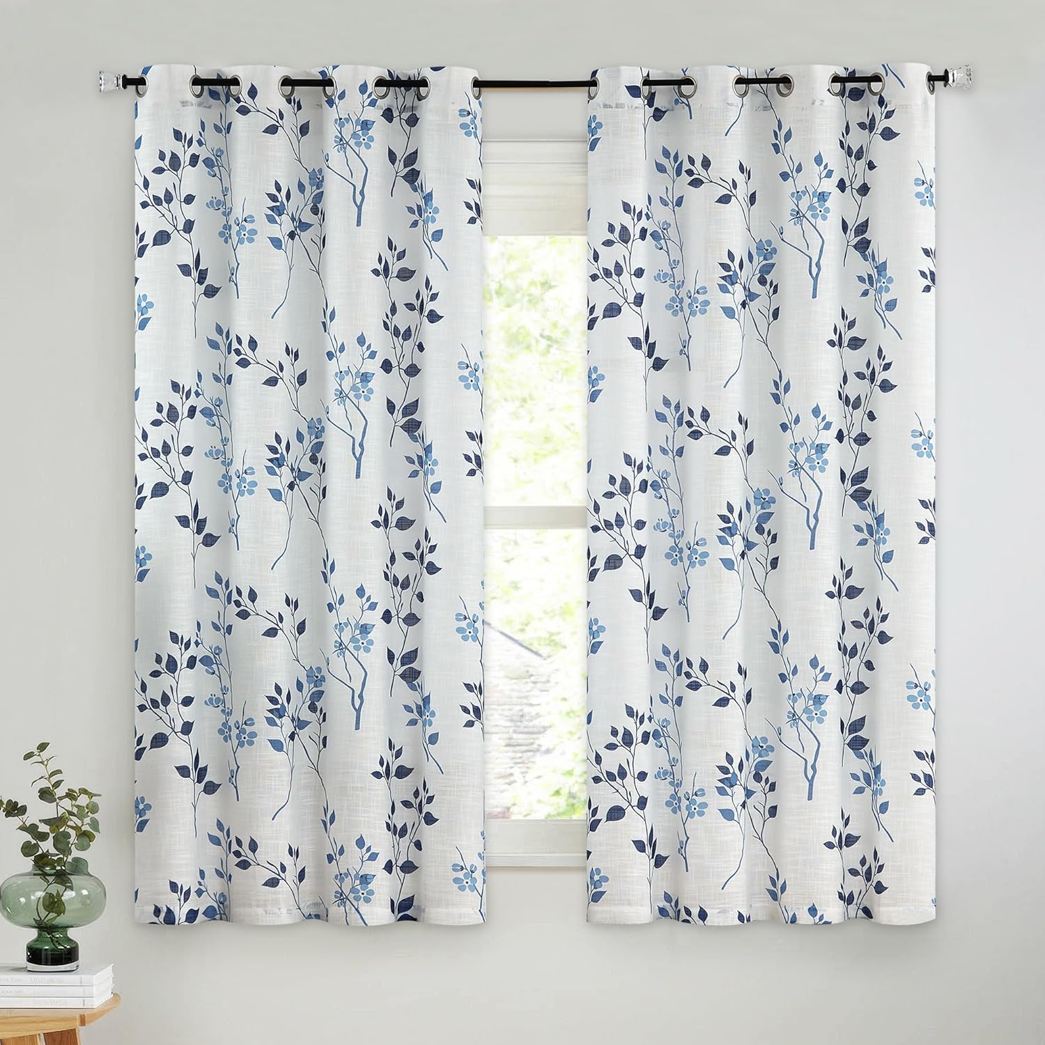 Grey Floral Linen Curtain Panels