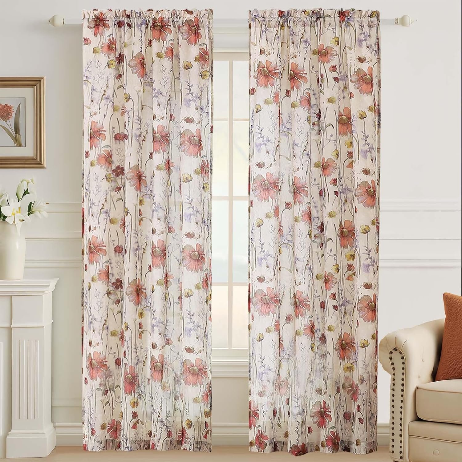 Floral Semi Sheer Short Curtains