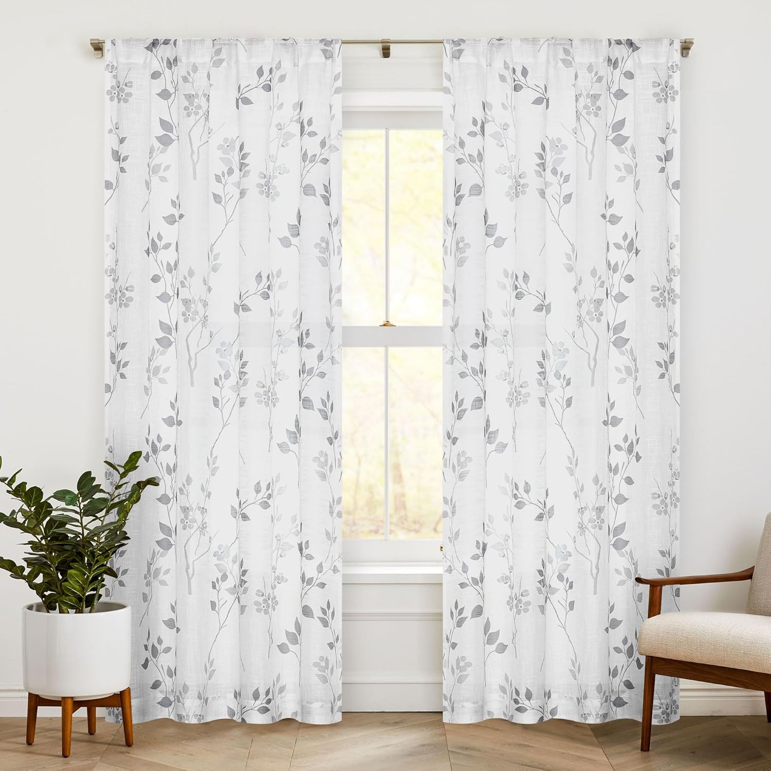Grey Floral Linen Curtain Panels