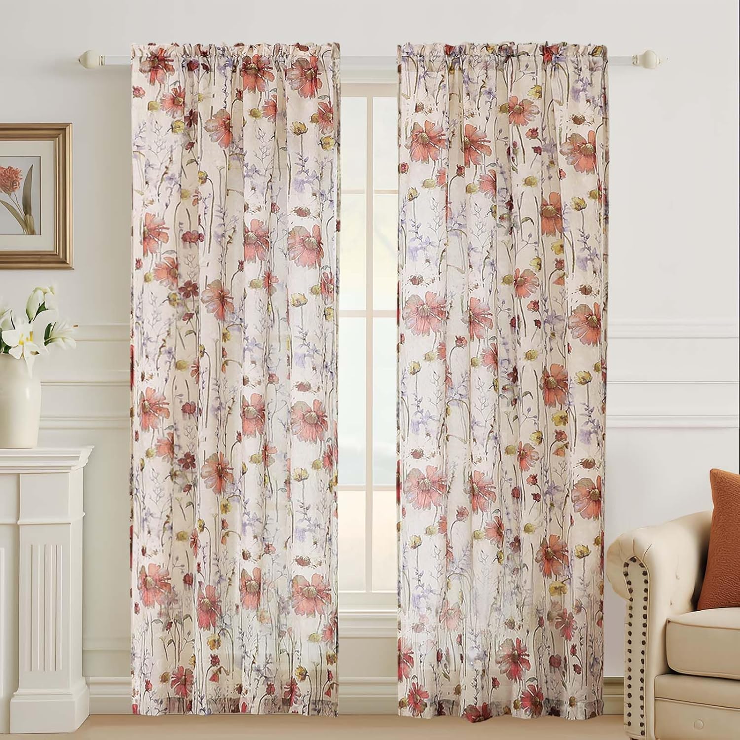 Floral Semi Sheer Short Curtains