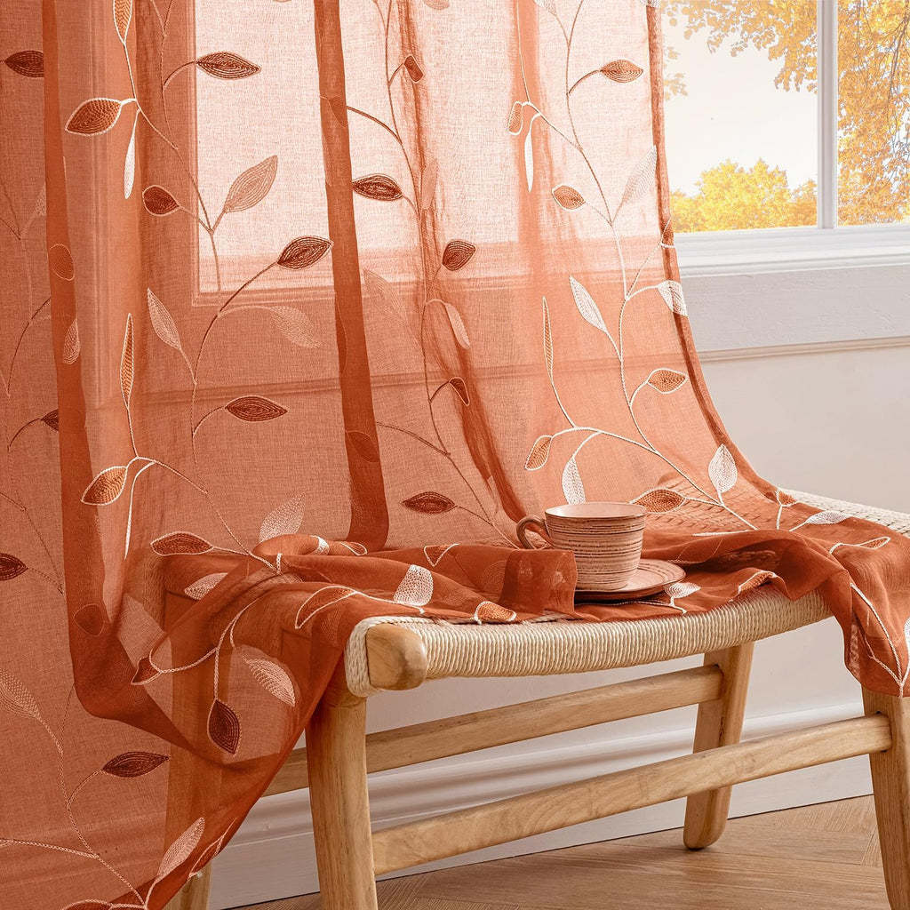 Beige Embroidered Sheer Curtain Panels