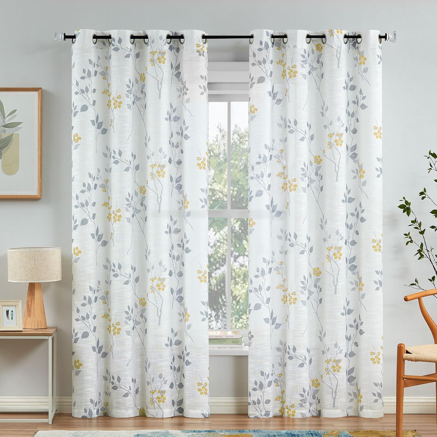 Grey Floral Linen Curtain Panels