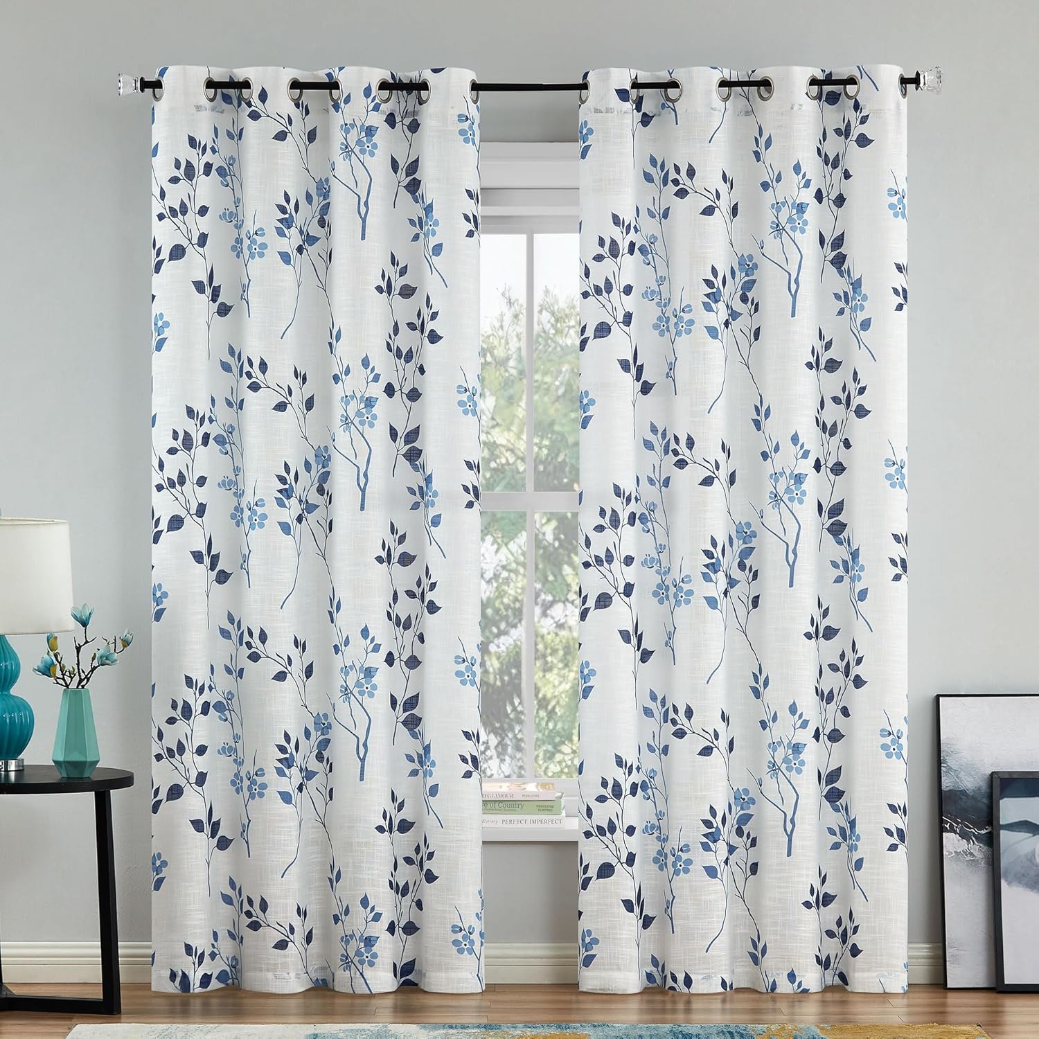 Grey Floral Linen Curtain Panels